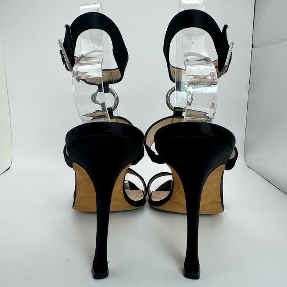 Manolo Blahnik Crystal Buckle & Ring Black Suede Open Toe Sandal Heel - Size 38 - Picture 7 of 12